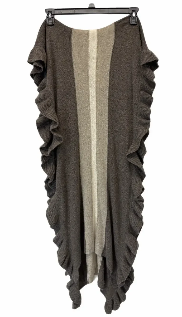 Womens Long Knit Scarf Brown Cream Striped Ruffle Wrap Boho 2-ply 100% Cashmere